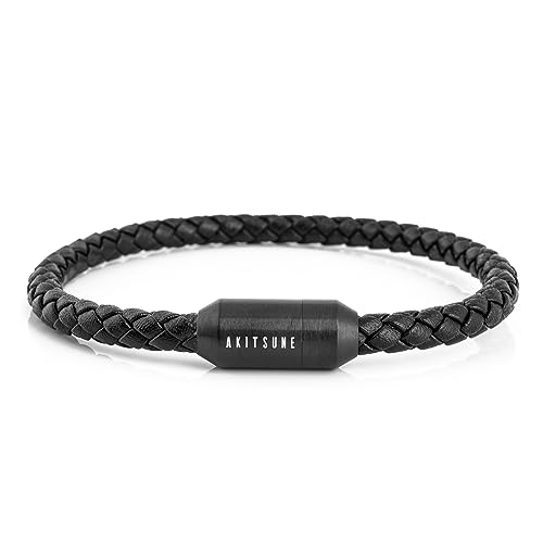 Akitsune Silva Lederarmband Magnetischen Verschluss | 5mm | Armschmuck Damen Herren Edelstahl Schlichtes Armband - Mattschwarz 21,5cm von Akitsune