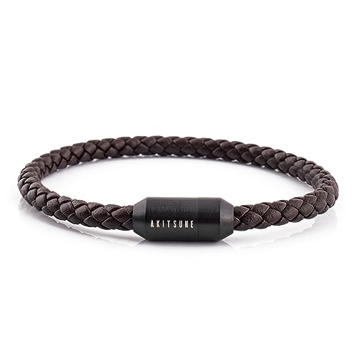 Akitsune Silva Lederarmband Magnetischen Verschluss | 5mm | Armschmuck Damen Herren Edelstahl Schlichtes Armband - Schwarz - Braun 17,5cm von Akitsune