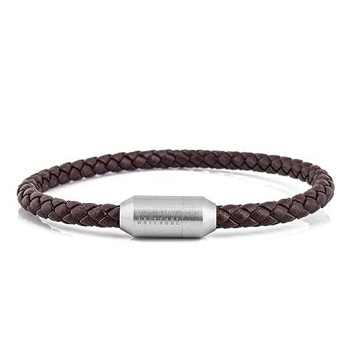 Akitsune Silva Lederarmband Magnetischen Verschluss | 5mm | Armschmuck Damen Herren Edelstahl Schlichtes Armband - Silber - Braun 19,5cm von Akitsune