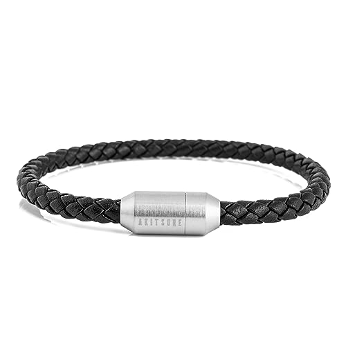 Akitsune Silva Lederarmband Magnetischen Verschluss | 5mm | Armschmuck Damen Herren Edelstahl Schlichtes Armband - Silber - Schwarz 17,5cm von Akitsune