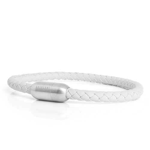 Akitsune Silvus Lederarmband Magnetischen Verschluss | 5mm | Armschmuck Damen Herren Edelstahl Schlichtes Armband - Silber - Weiß 20,5cm von Akitsune