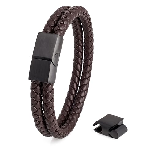 Akitsune Simplicitas Lederarmband | Magnetisch Premium Armschmuck Frauen Herren Geflochten Männer Handgefertigt Armband - Mattschwarz - Braun 22cm von Akitsune