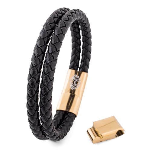 Akitsune Simplicitas Lederarmband | Magnetisch Premium Armschmuck Frauen Herren Geflochten Männer Handgefertigt Armband - Gold - Schwarz 18cm von Akitsune