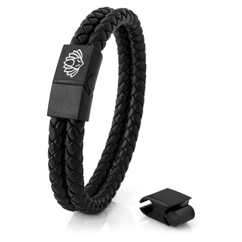 Akitsune Simplicitas Lederarmband | Magnetisch Premium Armschmuck Frauen Herren Geflochten Männer Handgefertigt Armband - Mattschwarz 20cm von Akitsune