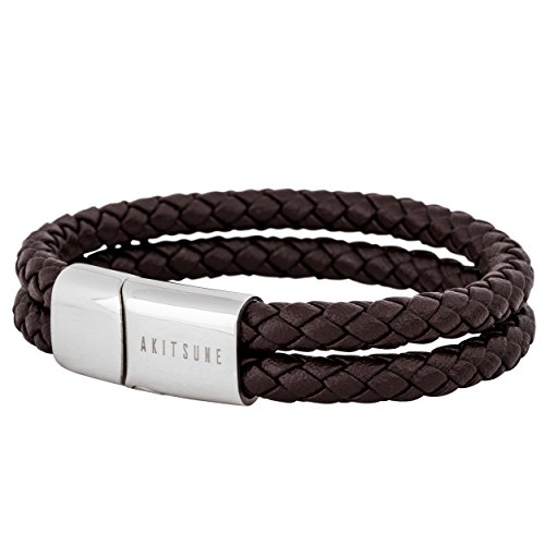 Akitsune Simplicitas Lederarmband | Magnetisch Premium Armschmuck Frauen Herren Geflochten Männer Handgefertigt Armband - Silber - Braun 21cm von Akitsune