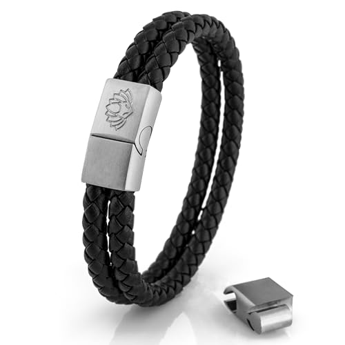 Akitsune Simplicitas Lederarmband | Magnetisch Premium Armschmuck Frauen Herren Geflochten Männer Handgefertigt Armband - Silber - Schwarz 21cm von Akitsune