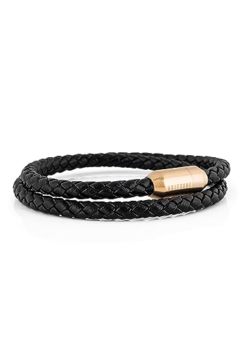 Akitsune Suprema Magnetisches Lederarmband | Armschmuck Damen Herren Edelstahl Doppelt Gewickelt Armband Gold - Schwarz 39cm von Akitsune