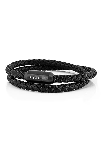 Akitsune Suprema Magnetisches Lederarmband | Armschmuck Damen Herren Edelstahl Doppelt Gewickelt Armband Mattschwarz - Schwarz 41cm von Akitsune