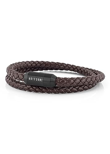 Akitsune Suprema Magnetisches Lederarmband - Armschmuck Damen Herren Edelstahl - Doppelt Gewickelt Armband Schwarz - Braun 41cm von Akitsune