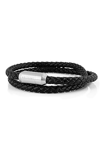 Akitsune Suprema Magnetisches Lederarmband | Armschmuck Damen Herren Edelstahl Doppelt Gewickelt Armband Silber - Schwarz 43cm von Akitsune