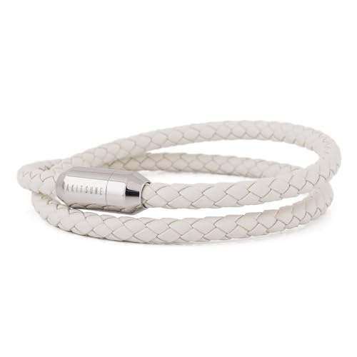 Akitsune Suprema Magnetisches Lederarmband - Armschmuck Damen Herren Edelstahl - Doppelt Gewickelt Armband Silber - Weiß 43,00 cm von Akitsune