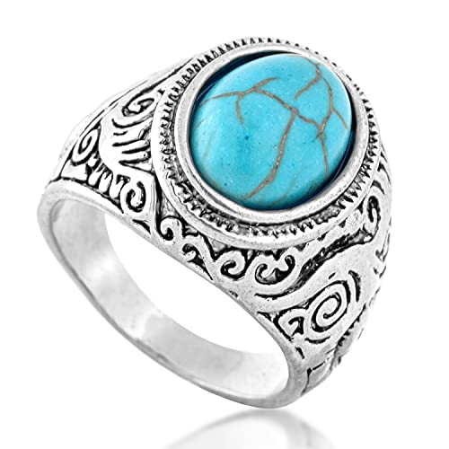 Akitsune Suzaku Ring | Damen Herren Edelstahl Ring Oval Stein Naturstein Türkis Tigerauge - Blau Türkis - US 6 von Akitsune