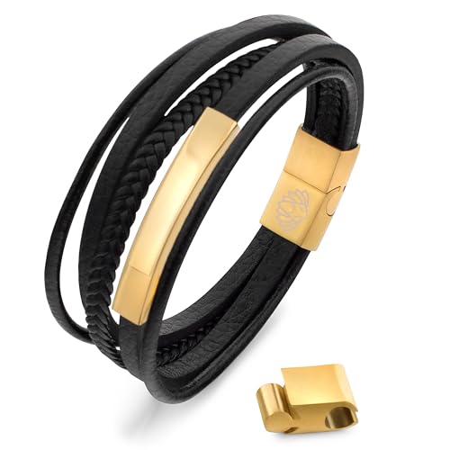 Akitsune The Punisher Synthetisches Lederarmband | Magnetverschluss aus Edelstahl - Geflochtenes Männer Herren Armband inkl. schöner Schmuckschachtel - Gold-Schwarz - 17cm von Akitsune