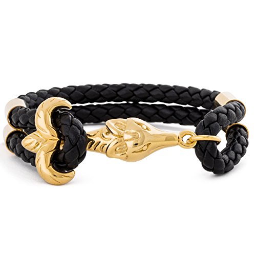 Akitsune Vulpes Leder - Armband | Armschmuck Damen Herren Edelstahlverschluss Lederarmband Fuchs Anker - Gold - Schwarz 19,5cm von Akitsune