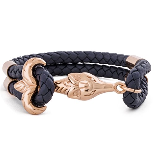 Akitsune Vulpes Leder - Armband | Armschmuck Damen Herren Edelstahlverschluss Lederarmband Fuchs Anker - Rosegold - Grau 17,5cm von Akitsune