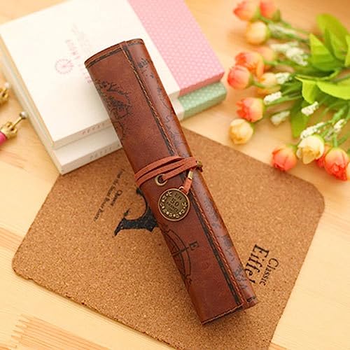 AkmAsk Retro Schatzkarte Federmäppchen Rolle Leder PU Stift Tasche Beutel für Junge Mädchen Schulbedarf-Glatt Dunkelbraun von AkmAsk