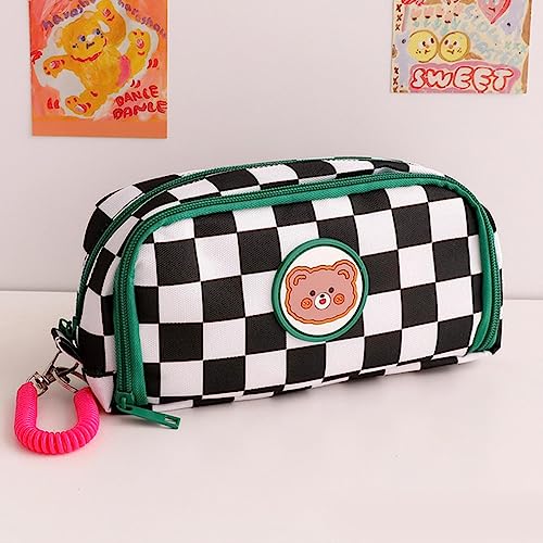 AkmAsk Schachbrett Federmäppchen mit großem Fassungsvermögen Kawaii Bär Leinwand Bleistift Tasche Bleistift Beutel Schreibwaren Schulbedarf-C von AkmAsk