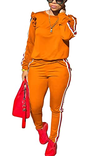 Akmipoem Damen 2-teiliges Outfit Rüschen Ärmel Sweatshirt und Hose Sweatsuits Set Trainingsanzüge, Orange/Abendrot im Zickzackmuster (Sunset Chevron), X-Large von Akmipoem