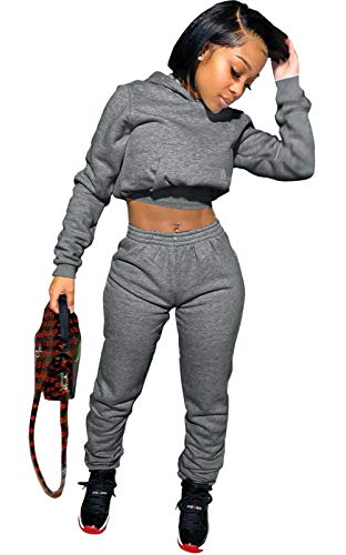 Akmipoem Jogginganzüge für Frauen 2-teilige Sweatanzüge Jogginganzüge Outfits Sexy Langarm Crop Hoodie Bodycon Hosen Sets - Grau - Mittel von Akmipoem