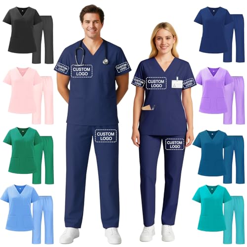Akmxem Schrubs Personalisiert Pflege Kleidung Damen Herren mit Namen Logo Medizinische Uniform mit Oberteil Hose Unisex Arbeitsbekleidung Set Kasack von Akmxem