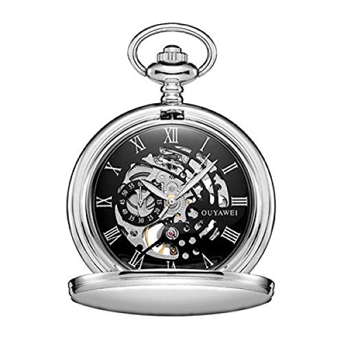 Akopiuto Edelstahl Herren Mode Casual Pocket Watch Skelett Zifferblatt Silber Handaufzug Mechanisch Male Fob Kettenuhren SilverBlack von Akopiuto