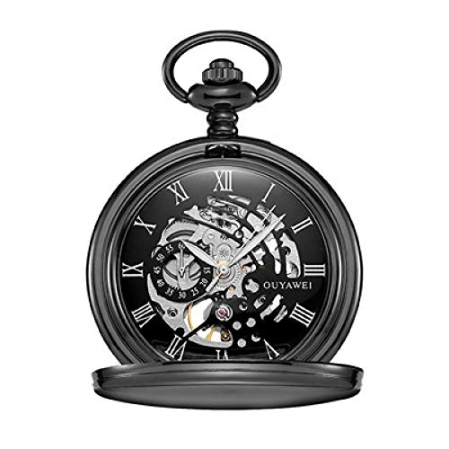 Akopiuto Edelstahl Herren Mode Casual Taschenuhr Skelett Zifferblatt Silber Handaufzug Mechanisch Male Fob Kettenuhren Schwarzschwarz von Akopiuto