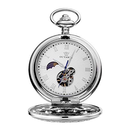 Akopiuto Handaufzug Mechanisch Steampunk Herren Taschenuhr Blau Skelett Zifferblatt Halskette Anhänger Modekette Fob Uhren Jäten Geschenke SilverWhite von Akopiuto