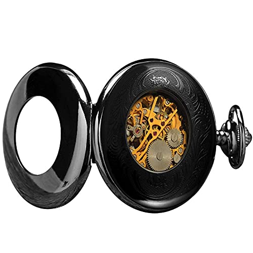 Akopiuto Mechanische Handaufzug Silber Stahl Half Hunter Römische Ziffern Skeleton Watch Chain Clock Pendant Pocket Watch New Black von Akopiuto
