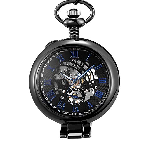 Akopiuto Taschenuhr Skelett Zifferblatt Silber Handaufzug Mechanisch Male Fob Kettenuhren Black2 von Akopiuto