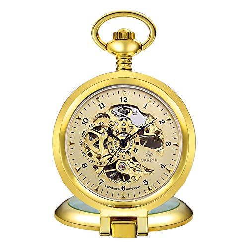 Akopiuto Taschenuhr Skelett Zifferblatt Silber Handaufzug Mechanisch Male Fob Kettenuhren Gold von Akopiuto
