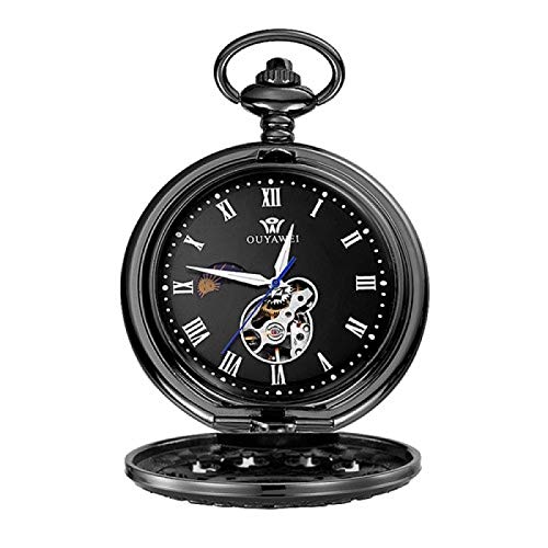 Handaufzug Mechanisch Steampunk Herren Taschenuhr Blau Skelett Zifferblatt Halskette Anhänger Modekette Fob Uhren Jäten Geschenke Schwarzschwarz von Akopiuto