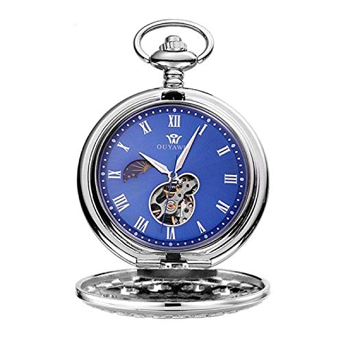 Handaufzug Mechanische Steampunk Herren Taschenuhr Blaues Skelett Zifferblatt Halskette Anhänger Modekette Fob Uhren Jäten Geschenke SilverBlue von Akopiuto