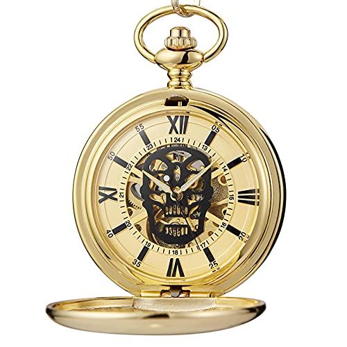 Skull Hollow Mechanische Taschenuhr Pendent Chain Gold Skelett Handaufzug Fob Watch Männer Frauen Weihnachten Gold von Akopiuto