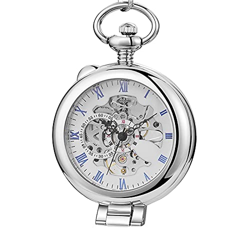 Taschenuhr Skelett Zifferblatt Silber Handaufzug Mechanisch Male Fob Kettenuhren Splitter von Akopiuto