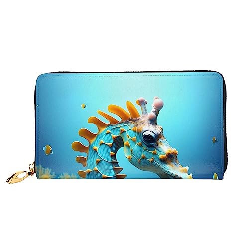 AkosOL Blaue Seepferdchen-Ledergeldbörse, lange Clutch-Geldbörse, weiches Material, Reißverschluss-Design, Anti-Verlust-Geld, 12 Bankkartenfächer, leicht, wasserdicht und langlebig für das stilvolle von AkosOL