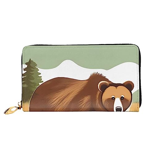 AkosOL Brown Bear Walking Ledergeldbörse, lange Clutch, weiches Material, Reißverschluss-Design, Anti-Verlust-Geld, 12 Bankkartenfächer, leicht, wasserdicht und langlebig für das stilvolle Mädchen, von AkosOL