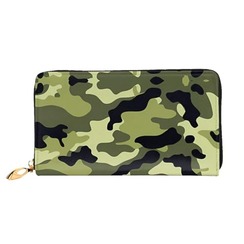 AkosOL Camouflage-grüne Ledergeldbörse, lange Clutch-Geldbörse, weiches Material, Reißverschluss-Design, Anti-Verlust-Geld, 12 Bankkartenfächer, leicht, wasserdicht und langlebig für das stilvolle von AkosOL