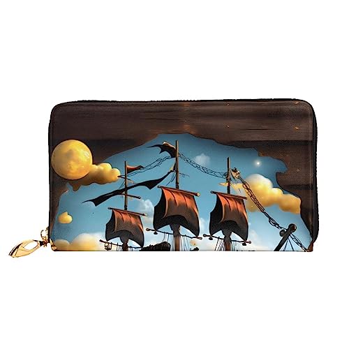 AkosOL Cartoon Piratenschiff Ledergeldbörse, lange Clutch, weiches Material, Reißverschluss-Design, Anti-Verlust-Geld, 12 Bankkartenfächer, leicht, wasserdicht und langlebig für das stilvolle Mädchen, von AkosOL