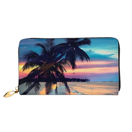 AkosOL Coconut Beach Sunset Hängematte Leder Geldbörse, lange Clutch, weiches Material, Reißverschluss-Design, Anti-Verlust-Geld, 12 Bankkartenfächer, leicht, wasserdicht und langlebig für das von AkosOL