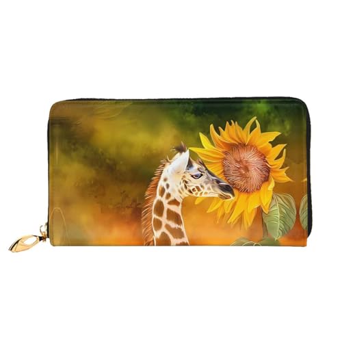 AkosOL Giraffe und Sonnenblume Leder Geldbörse, lange Clutch, weiches Material, Reißverschluss-Design, Anti-Verlust-Geld, 12 Bankkartenfächer, leicht, wasserdicht und langlebig für das stilvolle von AkosOL