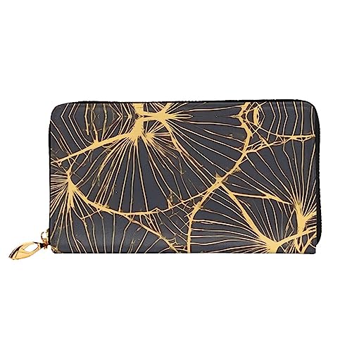 AkosOL Golden Leaf Ledergeldbörse, lange Clutch, weiches Material, Reißverschluss-Design, Anti-Verlust-Geld, 12 Bankkartenfächer, leicht, wasserdicht und langlebig für das stilvolle Mädchen, Schwarz , von AkosOL