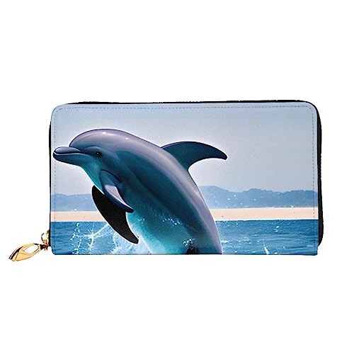 AkosOL Jumping Up Dolphins Ledergeldbörse, lange Clutch, weiches Material, Reißverschluss-Design, Anti-Verlust-Geld, 12 Bankkartenfächer, leicht, wasserdicht und langlebig für das stilvolle Mädchen, von AkosOL