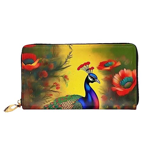 AkosOL Ledergeldbörse mit Pfauenblumen, lange Clutch, weiches Material, Reißverschluss-Design, Anti-Verlust-Geld, 12 Bankkartenfächer, leicht, wasserdicht und langlebig für das stilvolle Mädchen, von AkosOL