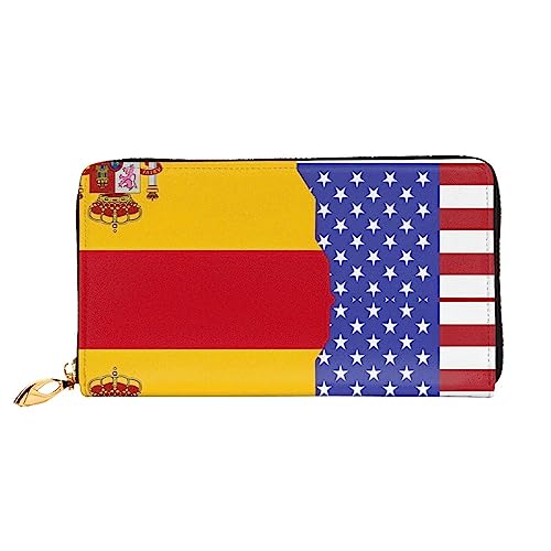 AkosOL Ledergeldbörse mit amerikanischer Spanien-Flagge, lange Clutch, weiches Material, Reißverschluss-Design, Anti-Verlust-Geld, 12 Bankkartenfächer, leicht, wasserdicht und langlebig für das von AkosOL