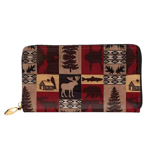 AkosOL Lodge Bear Hirsch Fisch Leder Geldbörse, lange Clutch, weiches Material, Reißverschluss-Design, Anti-Verlust-Geld, 12 Bankkartenfächer, leicht, wasserdicht und langlebig für das stilvolle von AkosOL