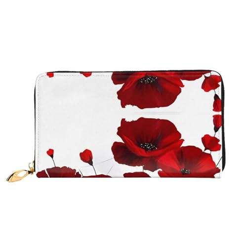 AkosOL Rote Mohnblumen-Ledergeldbörse, lange Clutch-Geldbörse, weiches Material, Reißverschluss-Design, Anti-Verlust-Geld, 12 Bankkartenfächer, leicht, wasserdicht und langlebig für das stilvolle von AkosOL