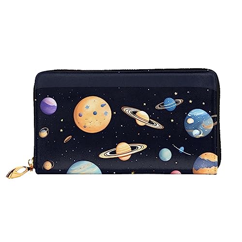 AkosOL Saturn Jupiter Earth Ledergeldbörse, lange Clutch, weiches Material, Reißverschluss-Design, Anti-Verlust-Geld, 12 Bankkartenfächer, leicht, wasserdicht und langlebig für das stilvolle Mädchen, von AkosOL