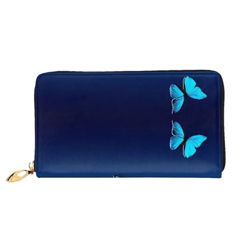 AkosOL Schöne blaue Schmetterlings-Ledergeldbörse, lange Clutch-Geldbörse, weiches Material, Reißverschluss-Design, Anti-Verlust-Geld, 12 Bankkartenfächer, leicht, wasserdicht und langlebig für das von AkosOL