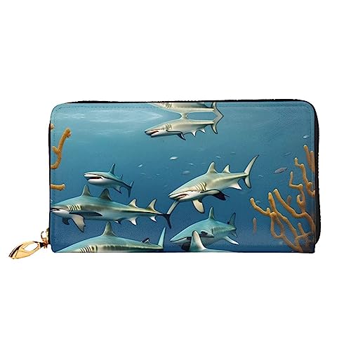 AkosOL Sharks Under The Sea Ledergeldbörse, lange Clutch, weiches Material, Reißverschluss-Design, Anti-Verlust-Geld, 12 Bankkartenfächer, leicht, wasserdicht und langlebig für das stilvolle Mädchen, von AkosOL