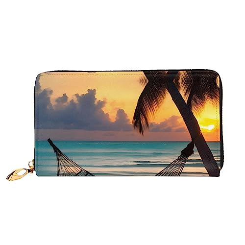 AkosOL Sunset Beach Hammock Leather Wallet,Long Clutch Purse,Soft Material,Zip Design Anti-Loss Money,12 Bank Card Slots,Lightweight,Waterproof and Durable for The Stylish Girl, Schwarz , von AkosOL